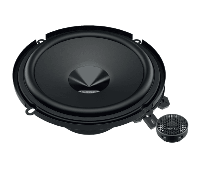 A black, round speaker with a central cone labeled "HERTZ" is next to a small cylindrical grille component on a white background.