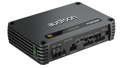 A black amplifier labeled "audison FORZA" sits on a white surface; it features multiple ports and connectors on one side, with labels such as "AF C4.10 bit" and various technical specifications.