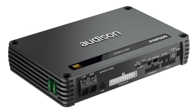 A black audio amplifier labeled "audison FORZA," featuring various input and output ports on the front panel, and green connectors on the side, is displayed in a neutral studio environment.