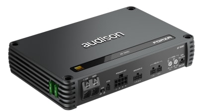 An Audison car amplifier, model SR 5.600, sits on a white background with various input and output connectors, a power port, and labeled controls on its front panel.