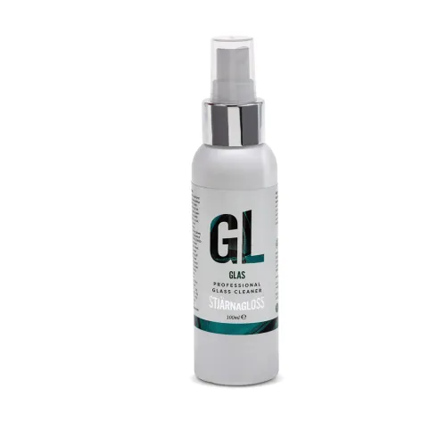 A spray bottle labeled "GLAS GL Professional Glass Cleaner Stjärnagloss 100ml," resting upright against a plain white background.