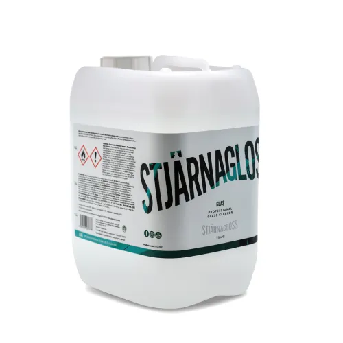 A white plastic container displays the label "STJÄRNAGLOSS" and "GLAS PROFESSIONAL GLASS CLEANER" in black and teal text. The container is set against a plain white background.