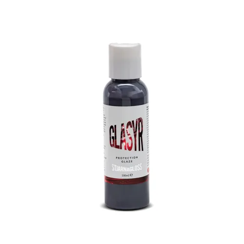 A 100ml black plastic bottle with a white label and gray cap stands upright; labeled "GLASYR" in large text, "PROTECTION GLAZE," and "STJARNAGLOSS." The background is plain white.