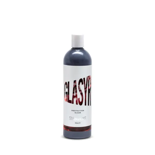 A black-capped bottle labeled "GLASYR Protection Glaze STJARNAGLOSS 500ml" stands upright against a plain white background.