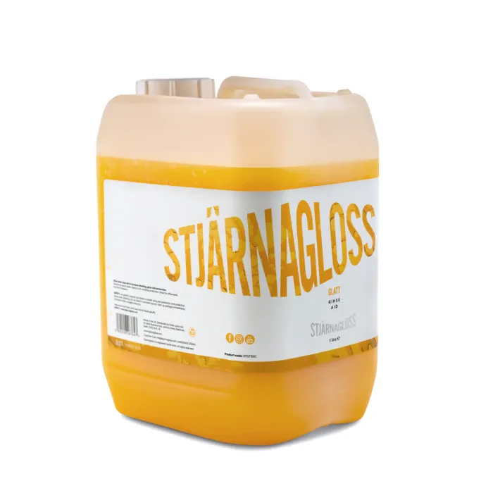 A large, yellow, translucent plastic container with a handle and a label reading "STJÄRNAGLOSS GLATT RINSE AID" in bold yellow letters, indicating a car care product in a white-background setting.
