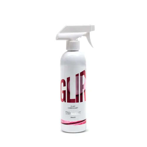 A white spray bottle labeled "GLIR" and "STAFFANAGLOSS CLAY LUBRICANT 500ml" stands against a white background. The bottle features a red and white design.