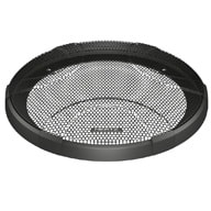 A circular, black metal mesh with a fine grid pattern, marked "Pioneer" at the center, designed for placement in an audio speaker, viewed against a white background.