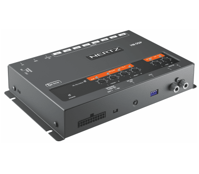 A black Hertz HE-DSP car audio processor with various connectors and adjustment knobs, surrounded by a white background. Text on the device includes "Hertz HE-DSP" alongside labels for each control and input/output.