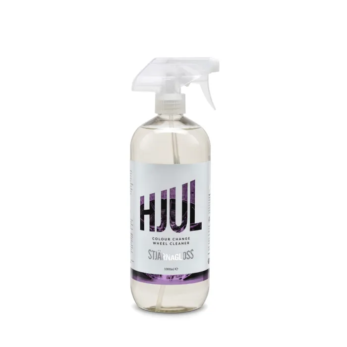 Spray bottle labeled "HJUL Colour Change Wheel Cleaner STJÄRNAGLOSS" filled with clear liquid; placed against a white background. Contains 1000ml.