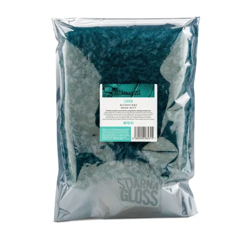 Microfiber wash mitt in teal packaged in a transparent plastic bag. Label reads: "Lurvig Microfibre Wash Mitt" and includes multilingual product information and a barcode in a retail setting.