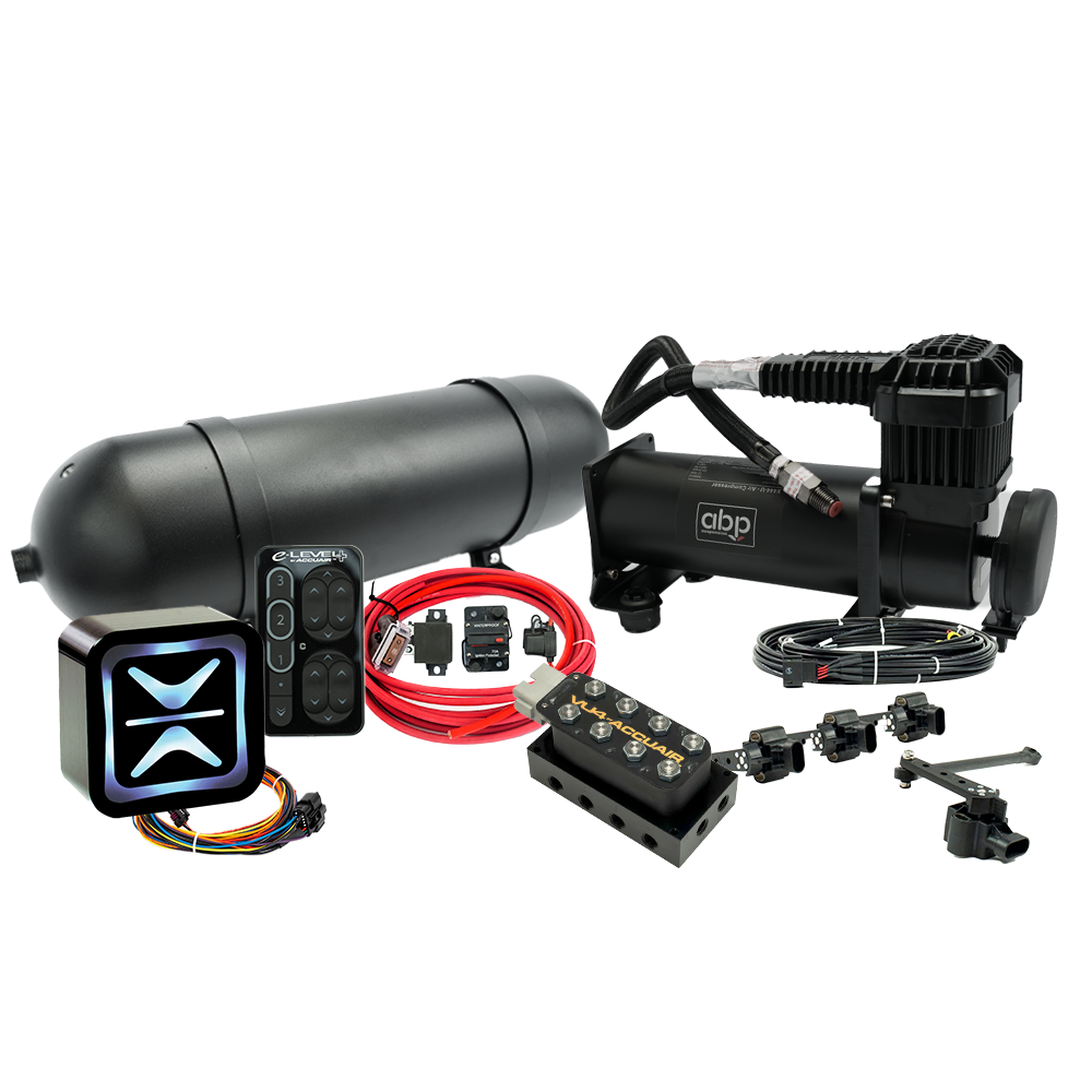 Air suspension kit components arranged on a white background, featuring an air compressor, air tank, control module, remote keypad, wiring harnesses, and other small fittings. Text present: "abp," "e-LEVEL," and "ECUair."