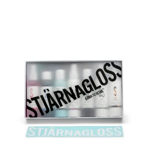 Box labeled "STJÄRNAGLOSS" contains bottles; below it lies a sticker with the same word. Text on the box also says "BJÖRN TO DETAIL." Context: white background.