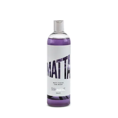 A transparent bottle of purple liquid labeled "MATTA" and "Matt Finish Car Wash STJÄRNAGLOSS," 500ml, stands upright against a plain white background.