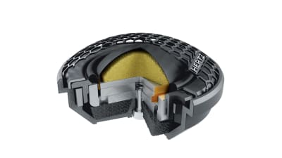 A cross-section of a black tweeter speaker is shown, revealing internal components such as the diaphragm and magnet, against a white background. The speaker is labeled "HERTZ."