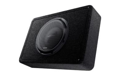 A rectangular black subwoofer with a circular speaker labeled "Infinity" mounted on its front, angled slightly upward against a white background.