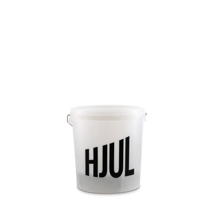 A translucent white plastic bucket with "HJUL" written in bold black letters on its side, positioned against a plain white background. It has a lid and a handle on each side.