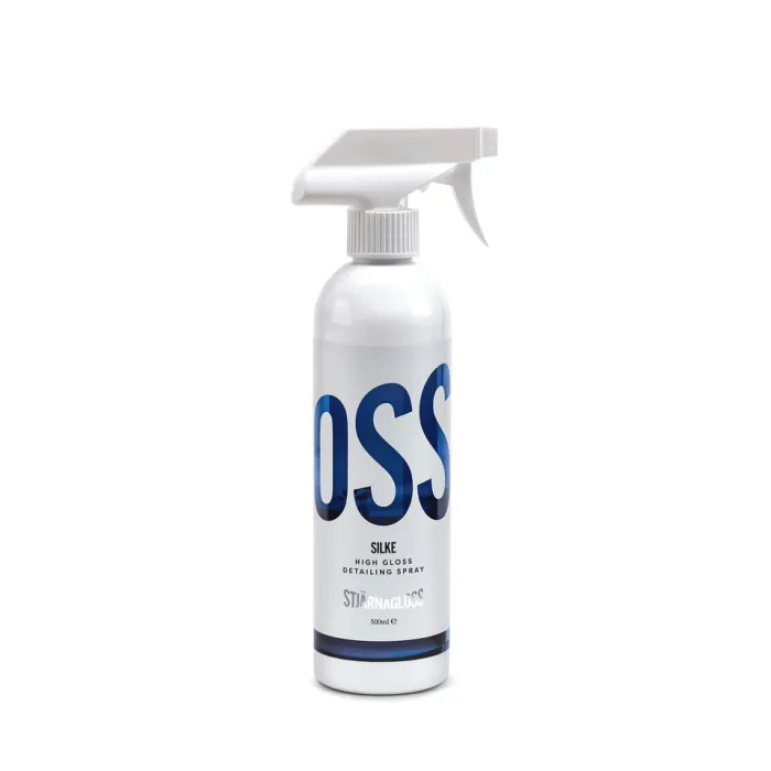 A white spray bottle labeled "OSS" in large blue letters contains Silke High Gloss Detailing Spray by Stjärnagloss, 500ml, with a white nozzle, set against a plain white background.