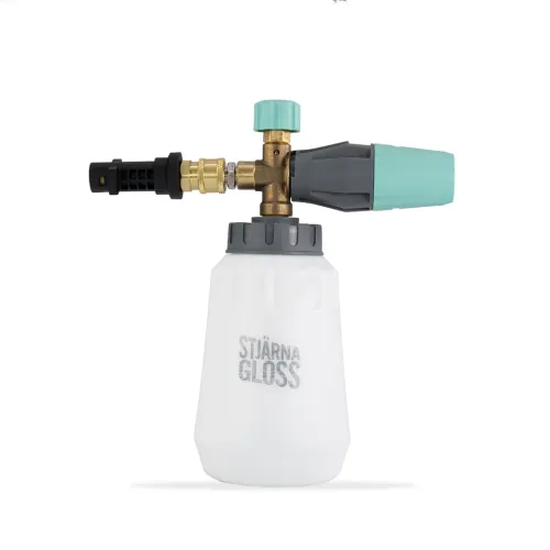 Foam cannon dispenser, positioned upright, featuring a white bottle with "STJÄRNAGLOSS" text, connected to metal and plastic fittings with turquoise and gray accents; set against a plain white background.