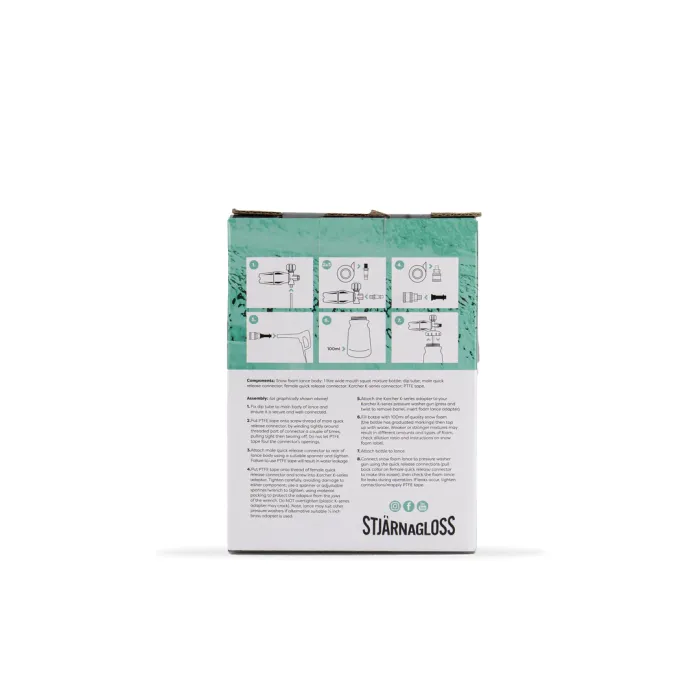 Box depicting assembly instructions for a tool or apparatus, with six illustrated steps on the top half and explanatory text on the bottom half. Text: "STJÄRNAGLOSS". Transcribed text: Components: Snow foam lance bottle 1 litre wide mouth wash mitt pick-up pipe quick release connector/push-fit quick release connector rubber connection O-ring spare black and orange mesh filters spare nozzle screw. Assembly: (as previously shown above) A: Use the six assembly instructions above. B: Place PTFE tape onto threads of the quick release plumbing connector. Screw onto mesh filter currently fitted to the brass 3/8” coupling. Do not overtighten. 1. Attach the 1-litre foam lance bottle. 2. Attach the pick-up pipe to the brass adapter cut to length if necessary. 3. Attach the quick-release chrome connector to your lance fitting / quick-release connector already fitted previously. Push the bottle and brass coupling, without pick-up pipe, into the lance nozzle ensuring the “mesh” side is facing the foam lance nozzle. Attach nozzle in reverse. 4. Add PTFE tape onto threads at foam lance nozzle end. Screw nozzle onto brass adapter currently fitted to mesh filter making sure snug but not over-tightened. 5. Connect hose head to lance. For direct-pressure washer application, use a replacement selector head. Connect the brass adapter to the foam lance quick connector fitting you have just attached to the nozzle. 6. Attach the other end to the foam lance bottle