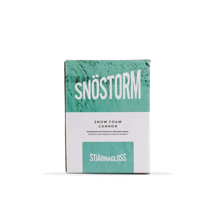 A box labeled "SNÖSTORM Snow Foam Cannon" with Swedish and English text, featuring a teal and white design, offers professional snow foam lance with quick release and K-series adapter.