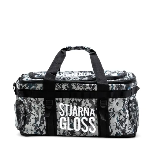 A camouflage-patterned duffel bag with black straps, bearing the text "STJÄRNA GLOSS" on the front, and placed against a plain white background.