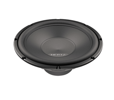 A black woofer speaker, labeled "HERTZ" in the center, is stationary and displayed against a plain white background.