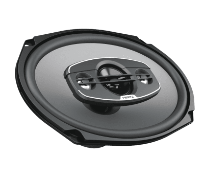 A black and gray automotive speaker with the brand name "HERTZ" is angled to reveal the conical interior and three grill bars. The context is a plain white background.