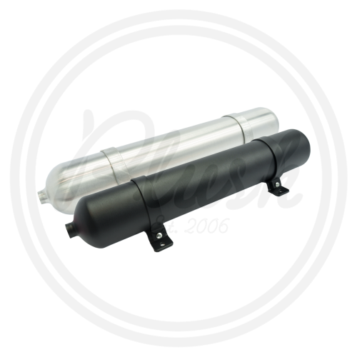 Two cylindrical air tanks, one silver and one black, equipped with mounting brackets, are presented against a plain white background. A faint watermark reading "Plush Est. 2006" lies underneath the cylinders.