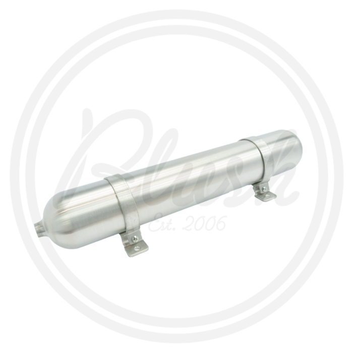 A cylindrical metal container with end caps and mounting brackets is oriented horizontally against a white background. The faint watermark reads "Blush Est. 2006."
