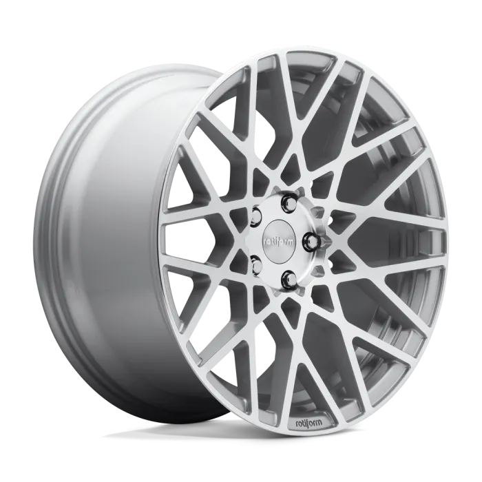 A silver, intricately designed car wheel with multiple polygonal spokes stands against a plain white background. The center cap features the text "rotiform."