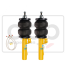 Two black air springs attached to yellow shock absorbers with blue labels are paired with two transparent hoses on a white background.