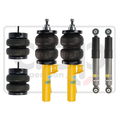 Suspension kit featuring two air springs, two yellow shock absorbers, and two grey struts with "BILSTEIN EVO S" labels against a white background.