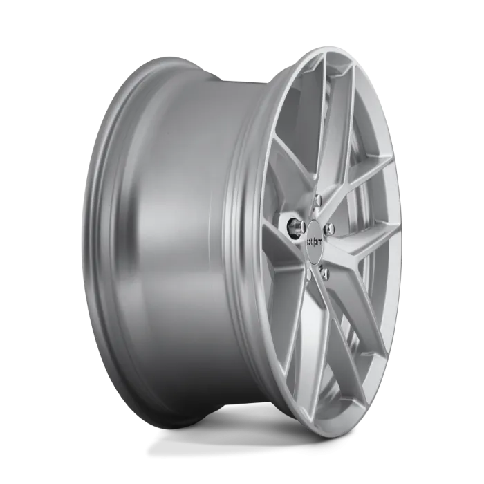 A silver, multi-spoke automotive wheel rim stands alone against a white and grey background. The center cap reads "rotiform."