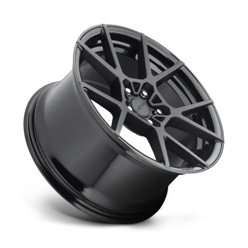 Glossy black car wheel rim with a multi-spoke design, tilted against a white background. The center cap reads “Vorsteiner.”