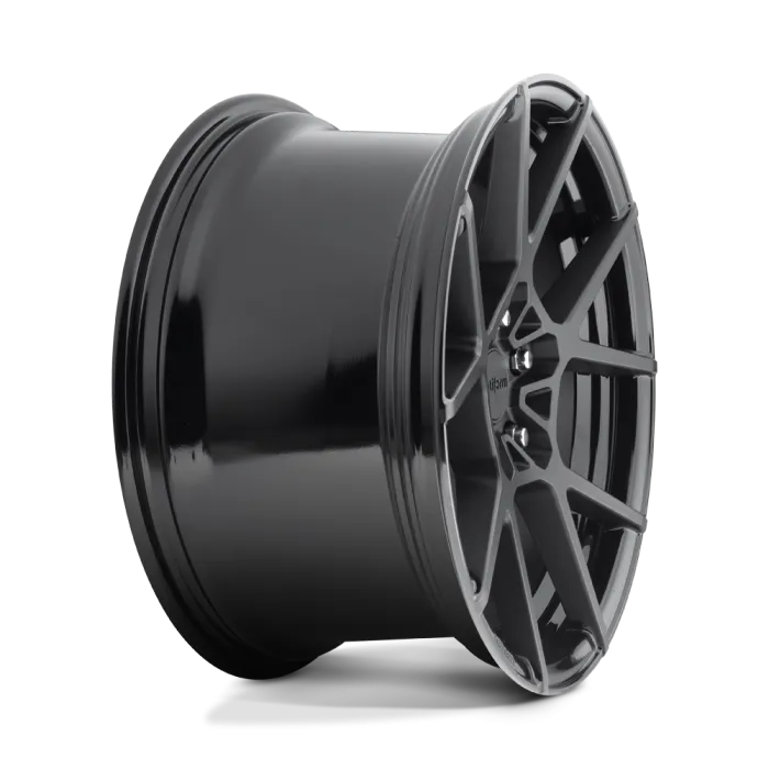 Black, glossy car wheel rim featuring a multi-spoke design resting against a solid white background.
