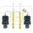 Automobile suspension components; two yellow shock absorbers with metal rods, two black air springs, and two brass fittings; arranged on a white background with a partial logo reading "aib suspension."