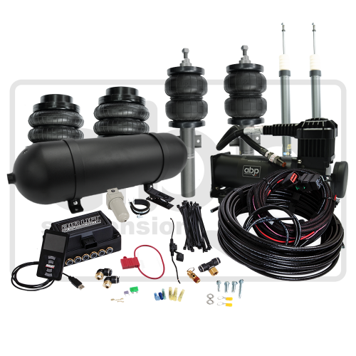 A set of vehicle suspension components including air springs, a compressor, an air tank, tubing, and various connectors and screws on a white background. Text: “AIR LIFT PERFORMANCE.”