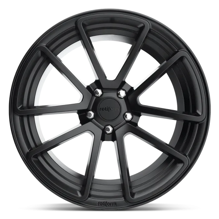 A black, multi-spoke car wheel rim against a white background. The center cap features the brand name "rotiform". The outer rim also has "rotiform" branding.