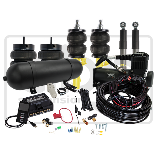 A complete air suspension kit, including air bags, a black air tank, compressor, wiring, fittings, control module, shock absorbers, and other components, displayed against a white background with "abp" and "Air Lift Performance" labels.