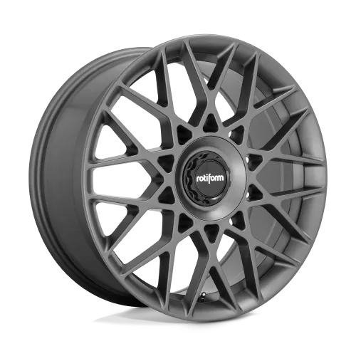 A grey alloy wheel with a complex, multi-spoke design is positioned against a blank background. The wheel's center cap features the text "rotiform."