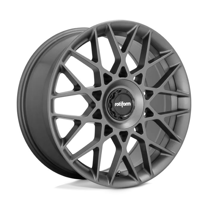 A grey alloy wheel with a complex, multi-spoke design is positioned against a blank background. The wheel's center cap features the text "rotiform."
