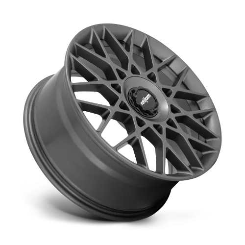 A stylish, black, multi-spoke alloy wheel by Rotiform rests against a neutral gradient background, displaying a modern, intricate design with "rotiform" inscribed in the center cap.