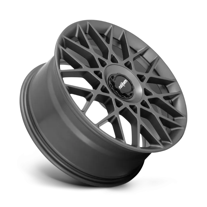 A stylish, black, multi-spoke alloy wheel by Rotiform rests against a neutral gradient background, displaying a modern, intricate design with "rotiform" inscribed in the center cap.