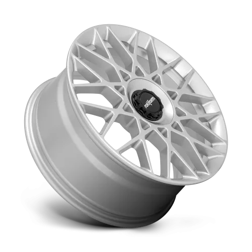 A silver alloy wheel with an intricate, web-like spoke design and a black center cap labeled "rotiform" is shown on a plain background.