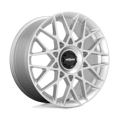 A silver alloy wheel with intricate, geometric spoke design, featuring a black center cap that reads "rotiform." The wheel is displayed against a white background with faint green and yellow accents.