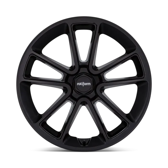 Matte black alloy wheel with a modern, multi-spoke design, featuring "rotiform" text in the center cap, depicted against a solid black background.