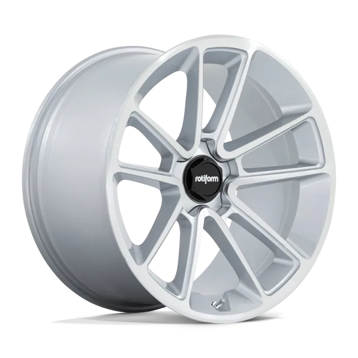 Silver alloy wheel with a multi-spoke design, featuring a black center cap with "rotiform" text. The context is a plain, neutral background.