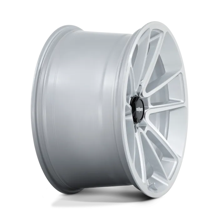 A silver alloy wheel stands upright against a white background. The wheel has multiple triangular spokes and a central black cap labeled "rotiform."