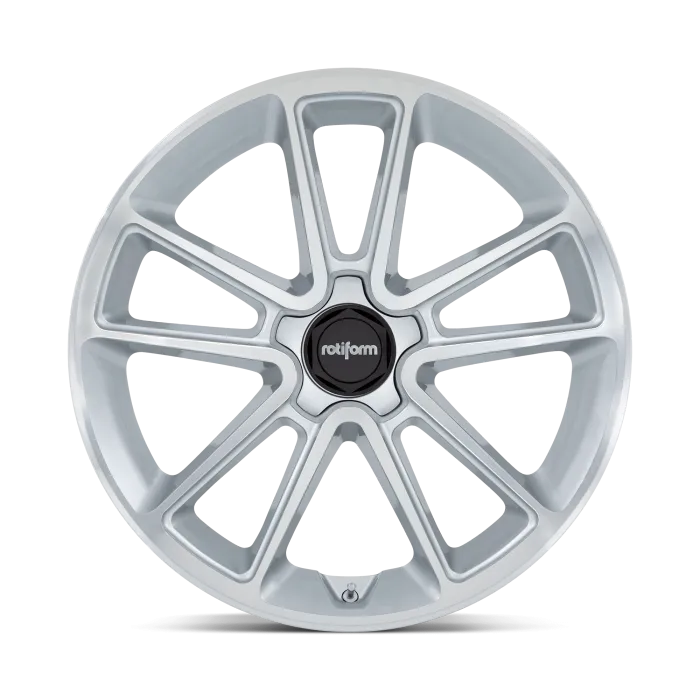 A silver alloy wheel with a multi-spoke design seen from the front. The center cap displays "rotiform" in white text on a black background. The backdrop is plain black.