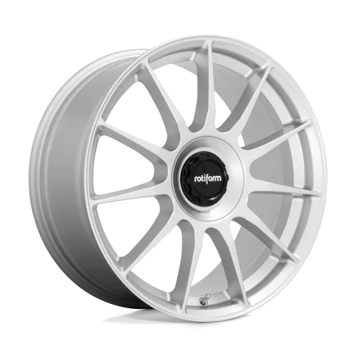 A silver alloy wheel with a multi-spoke design, featuring a black center cap displaying the text "rotiform." The wheel is standing upright on a plain white background.